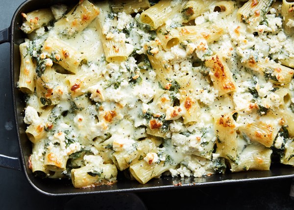 Baked spanakopita pasta with greens and feta [Ali Slagle]