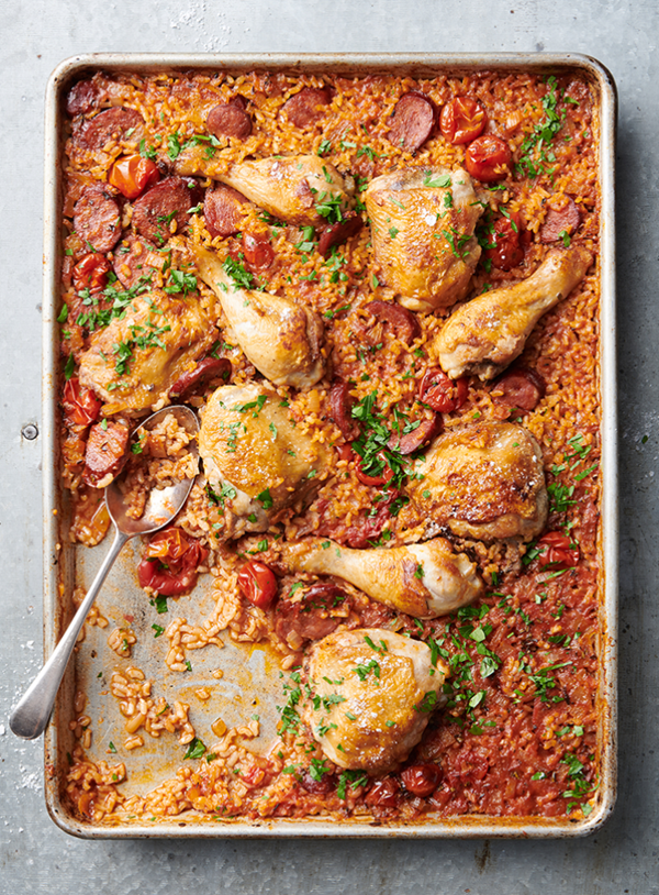 Baked Spanish rice with chicken and chorizo