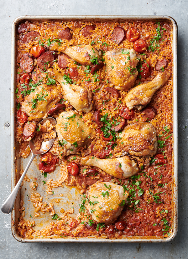 Baked Spanish rice with chicken and chorizo