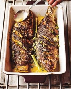 Baked spiced seabass with aubergine, spring onion and coconut