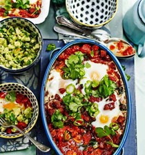 Baked spicy Mexican eggs and chunky guacamole