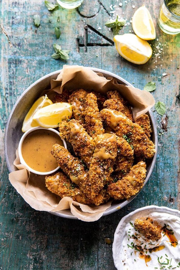Baked spicy ranch chicken fingers with honey mustard