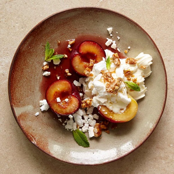 Baked stone fruits, mascarpone, meringue, Amaretto