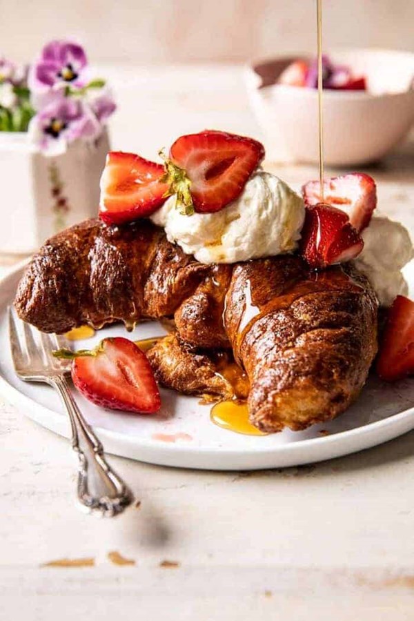 Baked strawberry and cream stuffed croissant French toast