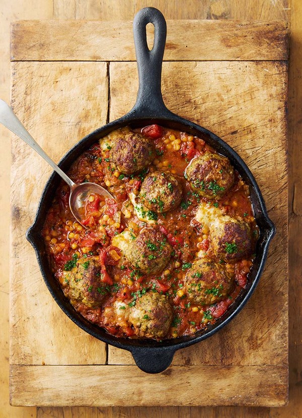 Baked, stuffed meatballs and pasta