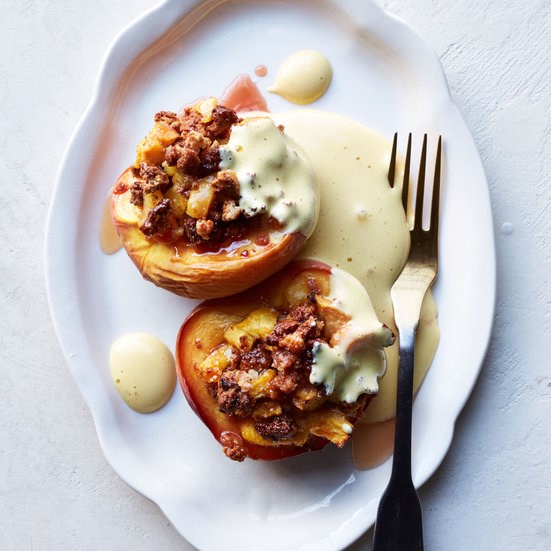 Baked stuffed peaches with saffron zabaglione