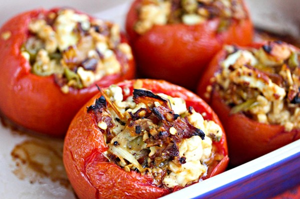 Baked stuffed tomatoes with feta and roasted peppers