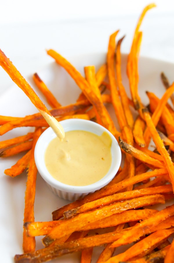 Baked sweet potato fries with spicy mustard dipping sauce