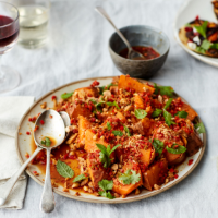 Baked sweet potato salad with chilli, coriander and tamari