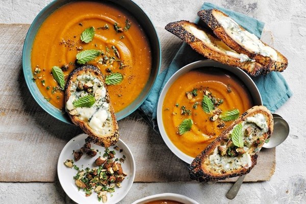 Baked sweet potato soup with blue cheese toast