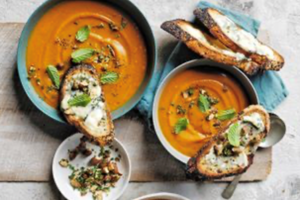Baked sweet potato soup with blue cheese toast
