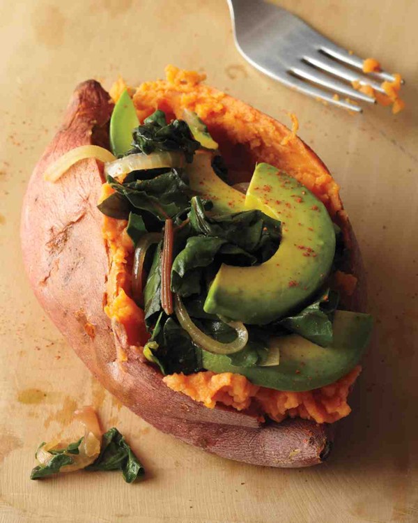 Baked sweet potato with greens