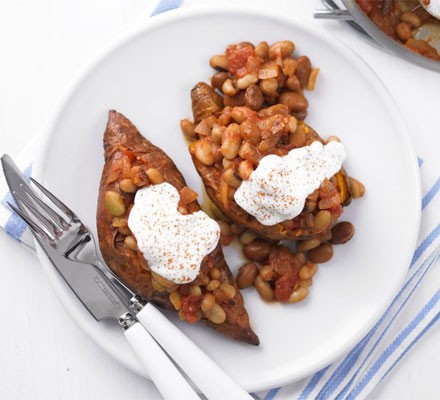 Baked sweet potatoes and beans