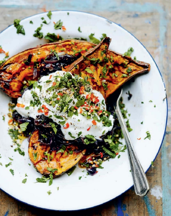 Baked sweet potatoes, Sri Lankan-spiced caramelised red onions