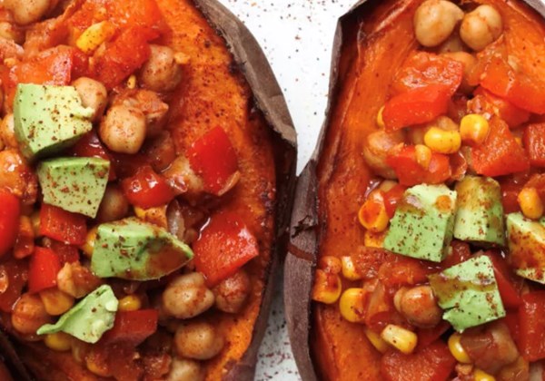 Baked sweet potatoes stuffed with chickpea chili