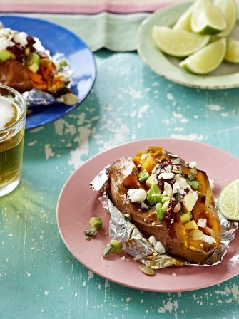Baked sweet potatoes with avocado & queso fresco