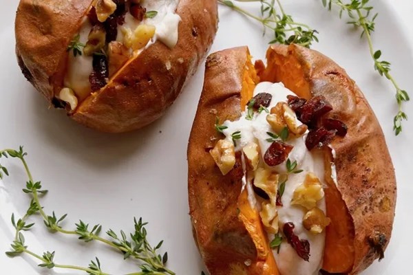 Baked sweet potatoes with cinnamon-whipped goat cheese