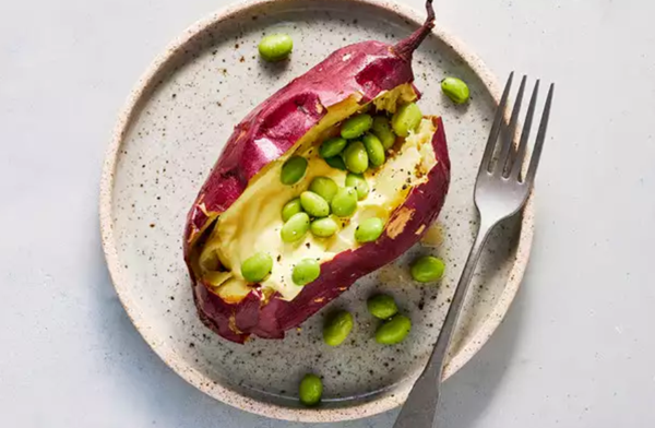 Baked sweet potatoes with edamame and ginger labneh