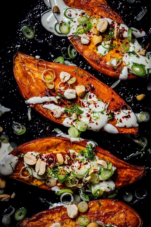 Baked sweet potatoes with maple crème fraîche