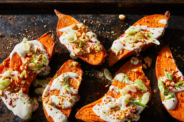 Baked sweet potatoes with maple crème fraîche