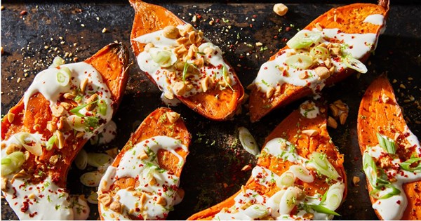 Baked sweet potatoes with maple crème fraîche [Nik Sharma]