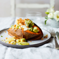 Baked sweet potatoes with wasabi, avocado, lime and cucumber salsa