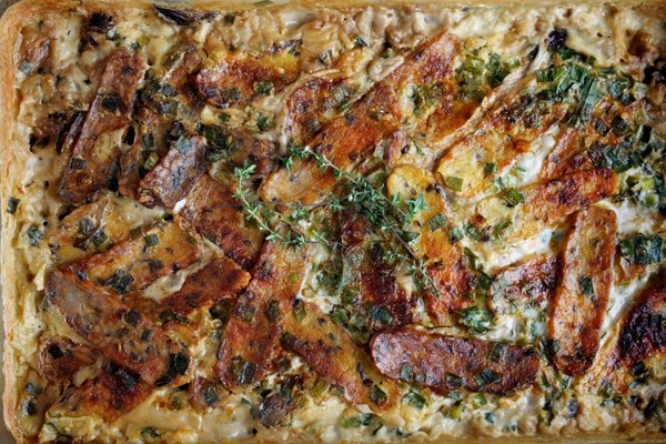Baked tempeh in mushroom cream sauce