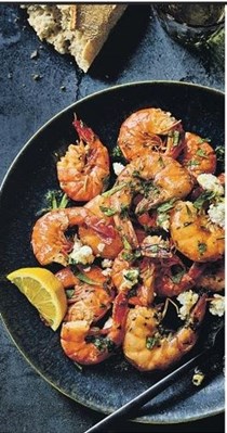 Baked tiger prawns with green garlic butter