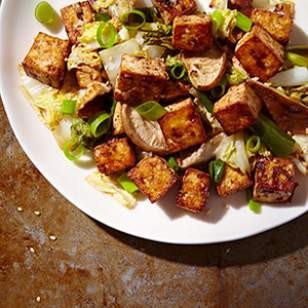 Baked tofu stir-fry with cabbage & shiitakes