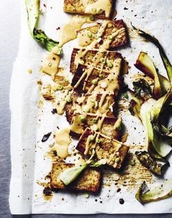 Baked tofu with peanut sauce and bok choy