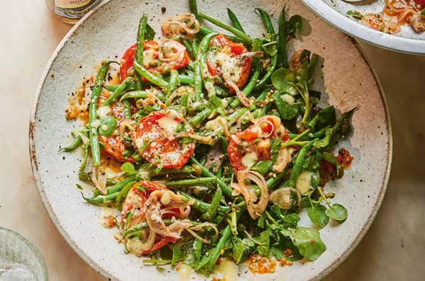 Baked tomato, green bean & anchovy salad