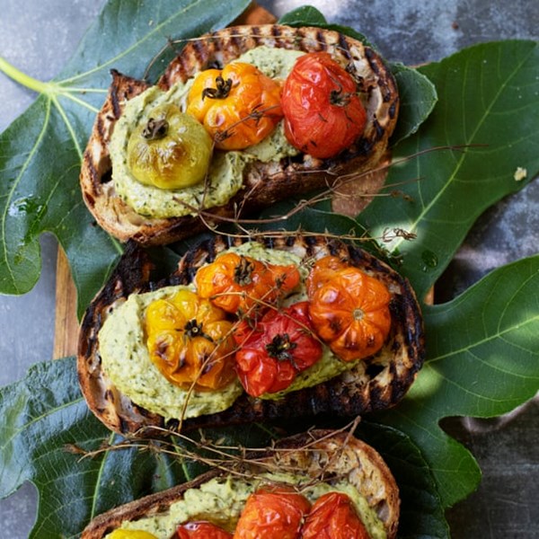 Baked tomatoes, basil bean cream