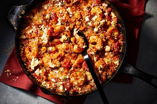 Baked tomatoes, shrimp and chickpeas with feta and bread crumbs