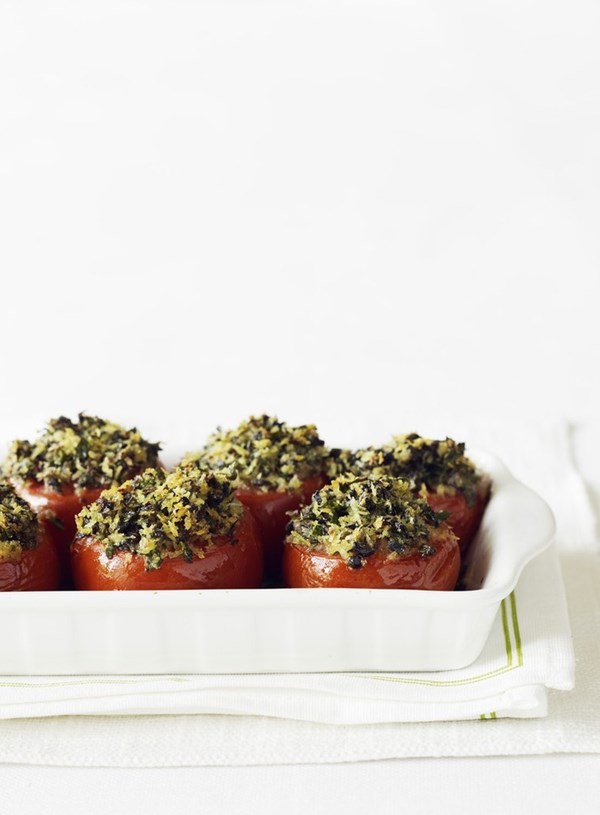 Baked tomatoes with a herb and Parmesan crust