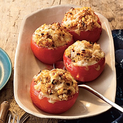 Baked tomatoes with quinoa, corn, and green chiles