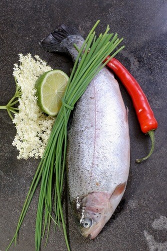 Baked trout with chilli and elderflower