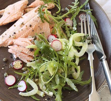 Baked trout with fennel, radish and rocket salad