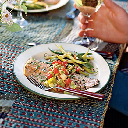 Baked trout with olive-tomato relish