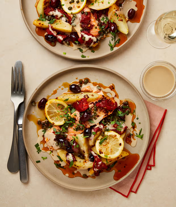 Baked trout with peppers and tahini