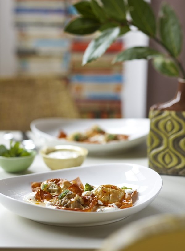 Baked Turkish lamb manti with minted yoghurt sauce