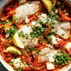 Baked white fish with charred tomatoes and feta
