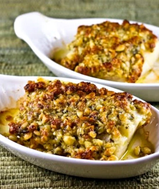 Baked white fish with pine nut, Parmesan, and basil pesto crust