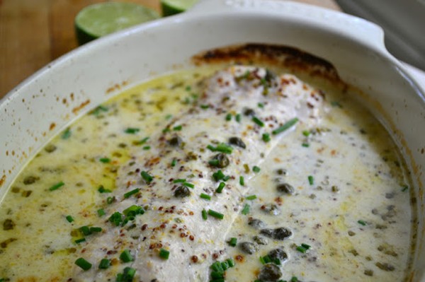 Baked whitefish with mustard sauce
