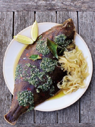 Baked whole plaice and cider onions with tarragon and anchovy butter