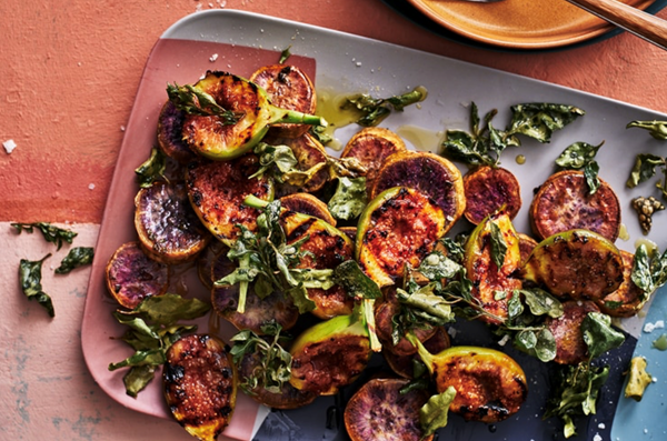 Baked yams with charred pepperberry figs and crispy saltbush