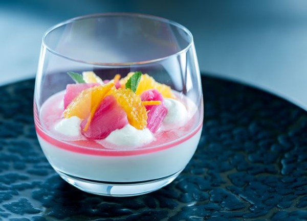 Baked yoghurt with poached rhubarb and confit orange
