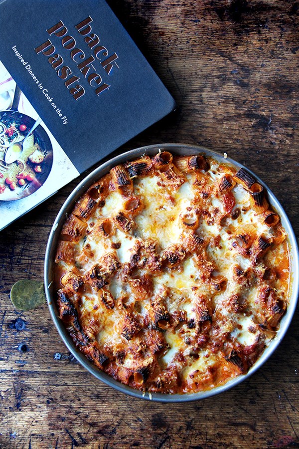Baked ziti with crème fraîche and spinach