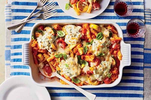 Baked ziti with summer vegetables