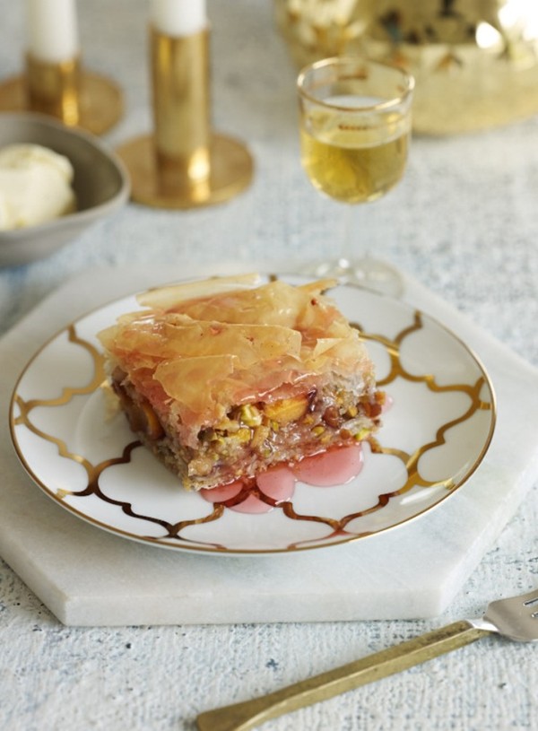 Baklava with poached nectarines