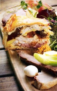 Ballotine of corn-fed chicken, York ham and foie gras, pickled black trumpet mushrooms, sage and shallot brioche and Yorkshire relish